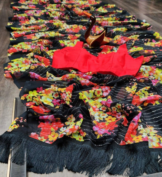 Black heavy georgette sequence flower printed work saree