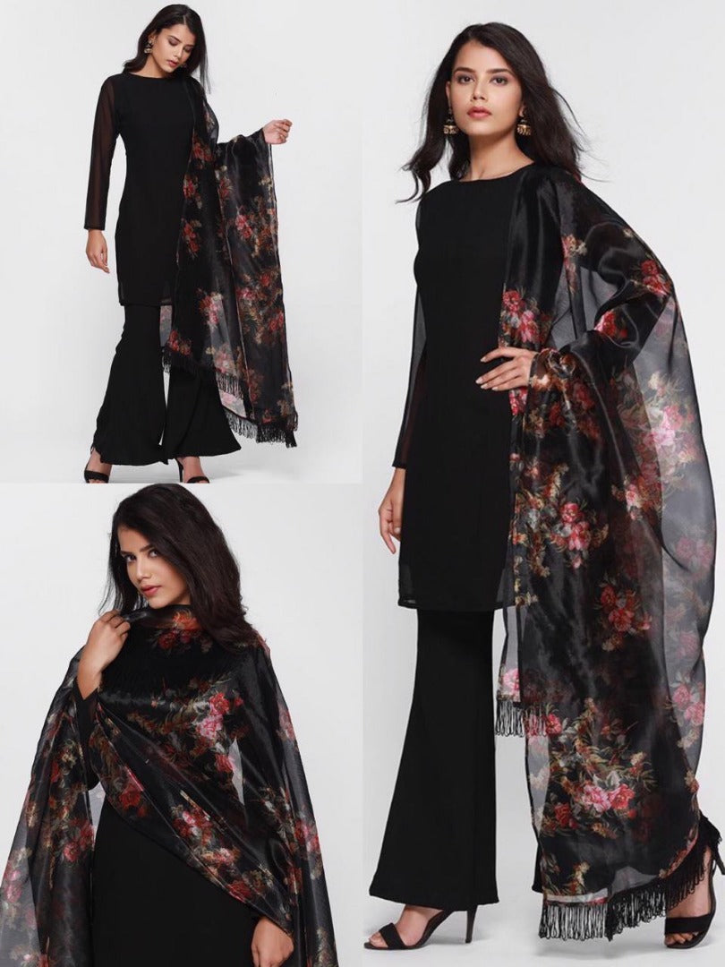 Black heavy georgette stylist plazzo salwar suit with floral printed dupatta