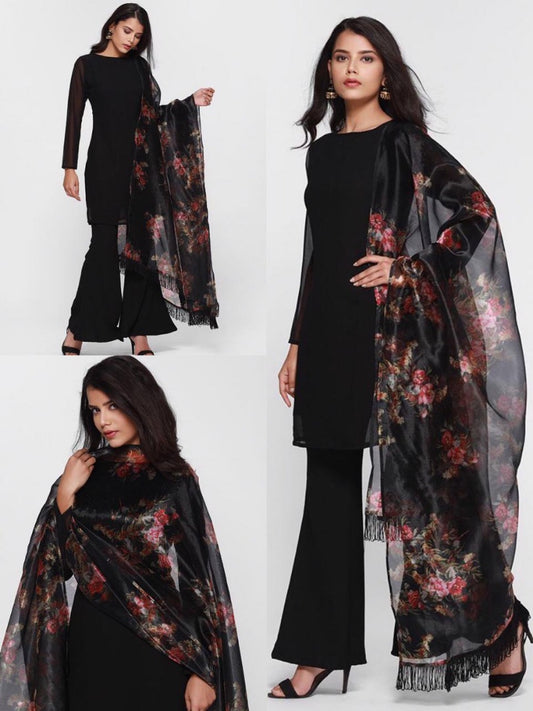 Black heavy georgette stylist plazzo salwar suit with floral printed dupatta