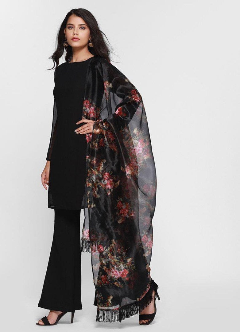 Black heavy georgette stylist plazzo salwar suit with floral printed dupatta