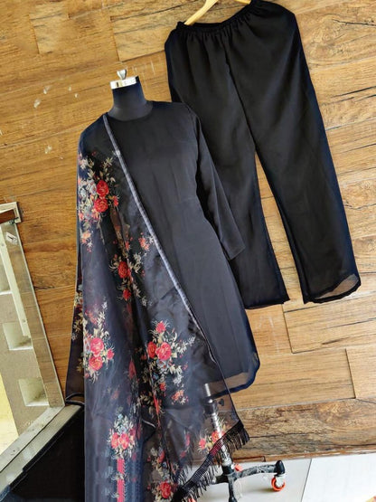 Black heavy georgette stylist plazzo salwar suit with floral printed dupatta