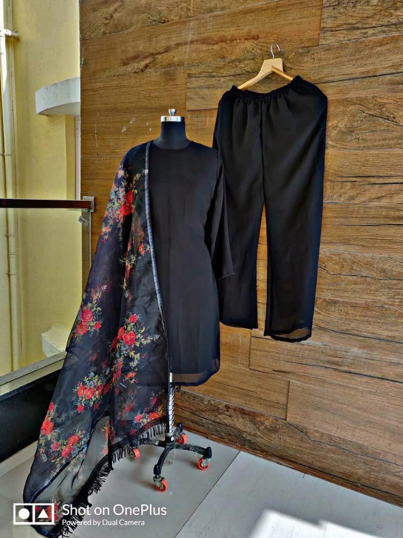 Black heavy georgette stylist plazzo salwar suit with floral printed dupatta