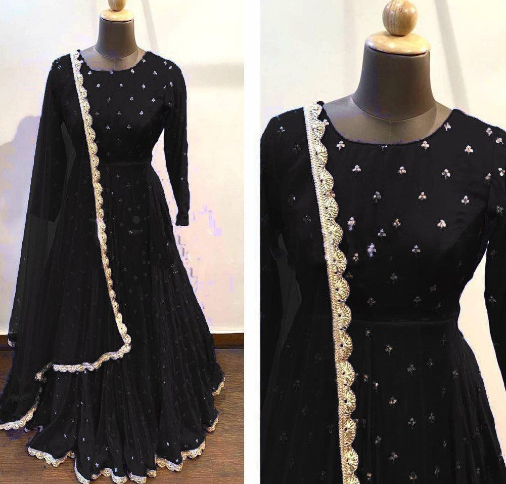 Black heavy georgette with embroidered work party wear gown