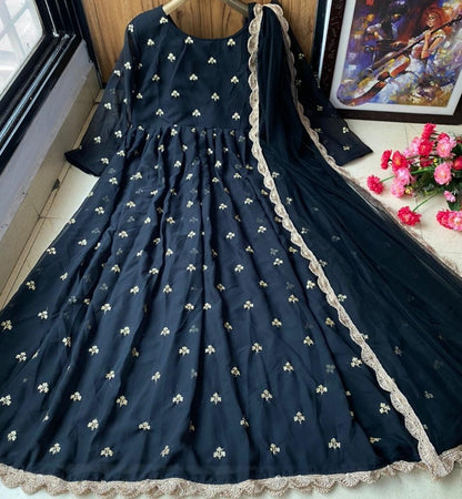 Black heavy georgette with embroidered work party wear gown