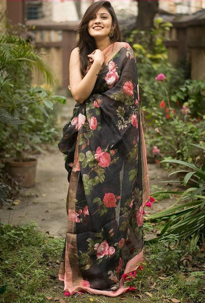 Black heavy linen silk digital flower printed work saree