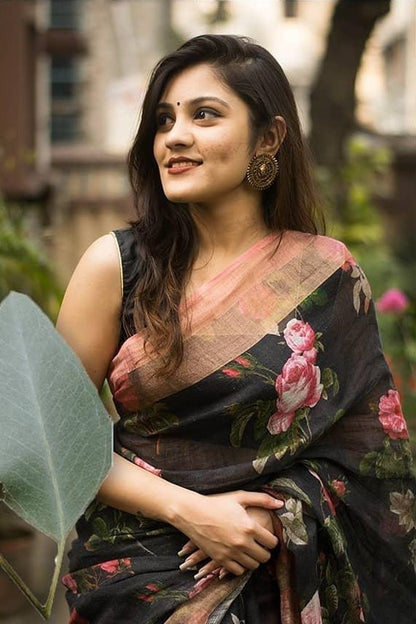 Black heavy linen silk digital flower printed work saree