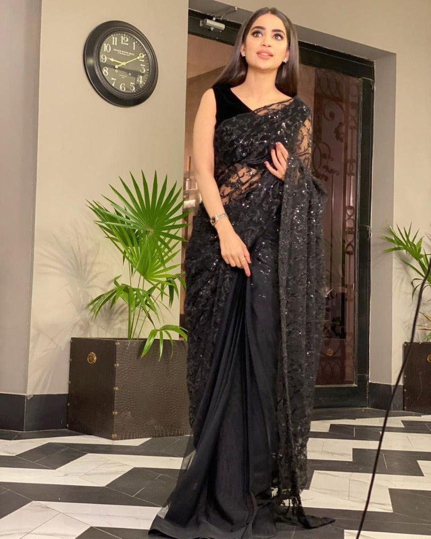 Black heavy net sequence and thread work partywear saree