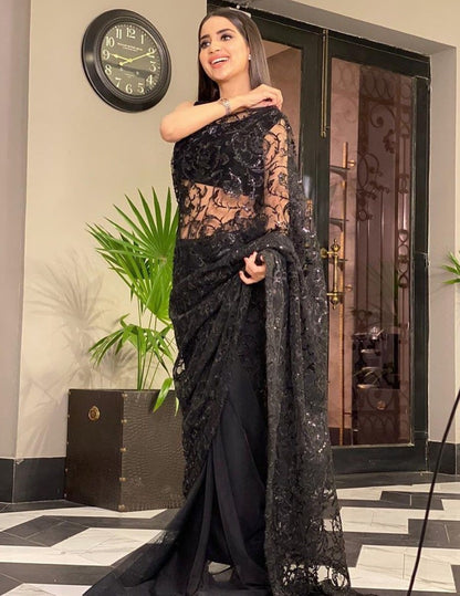 Black heavy net sequence and thread work partywear saree