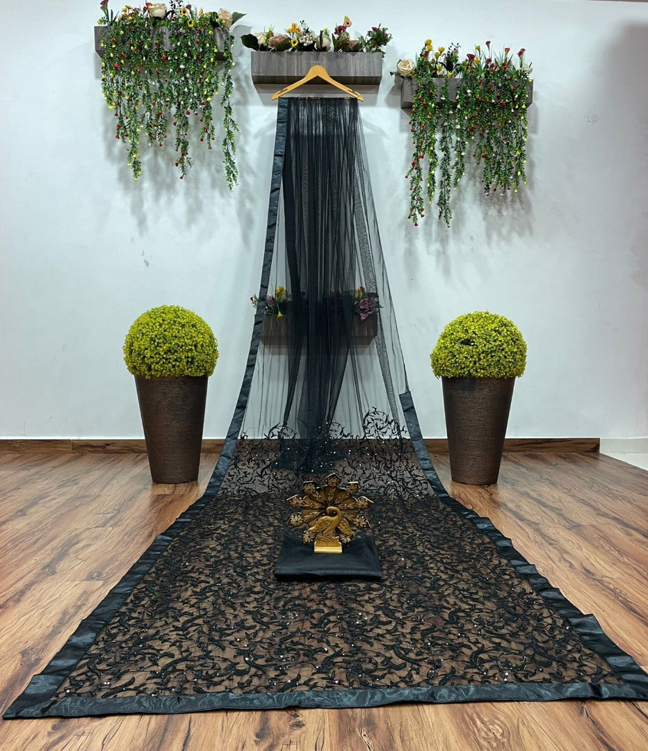 Black heavy net sequence and thread work partywear saree
