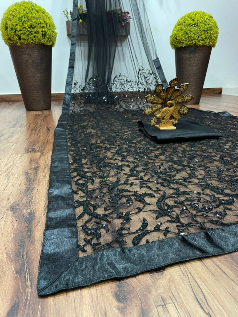 Black heavy net sequence and thread work partywear saree