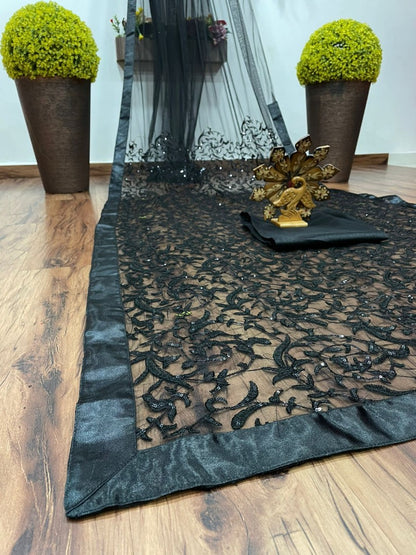 Black heavy net sequence and thread work partywear saree