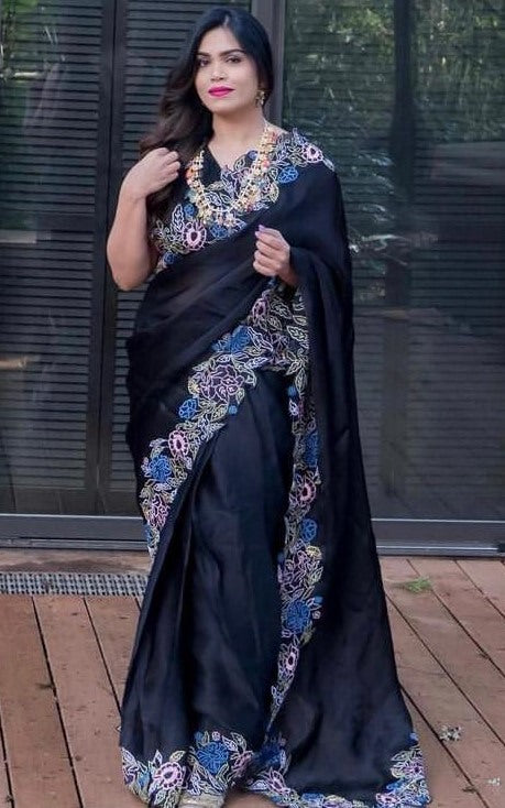 Black heavy organza silk embroidered border work party wear saree