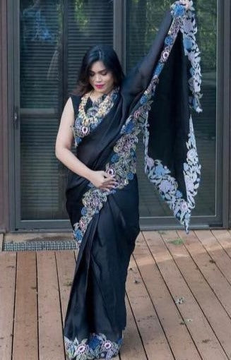 Black heavy organza silk embroidered border work party wear saree