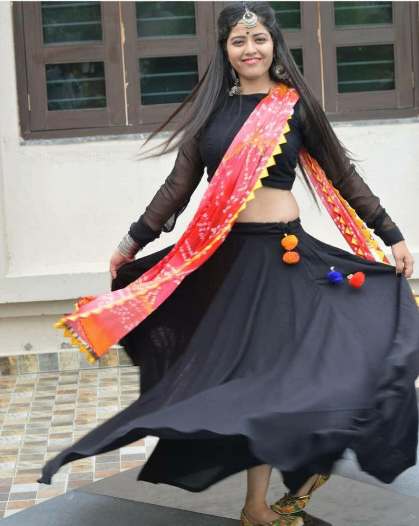 Black heavy rangoli festival lehenga choli with bandhni dupatta