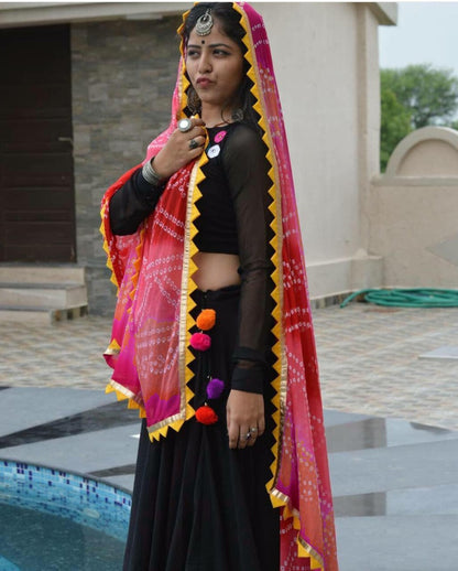 Black heavy rangoli festival lehenga choli with bandhni dupatta