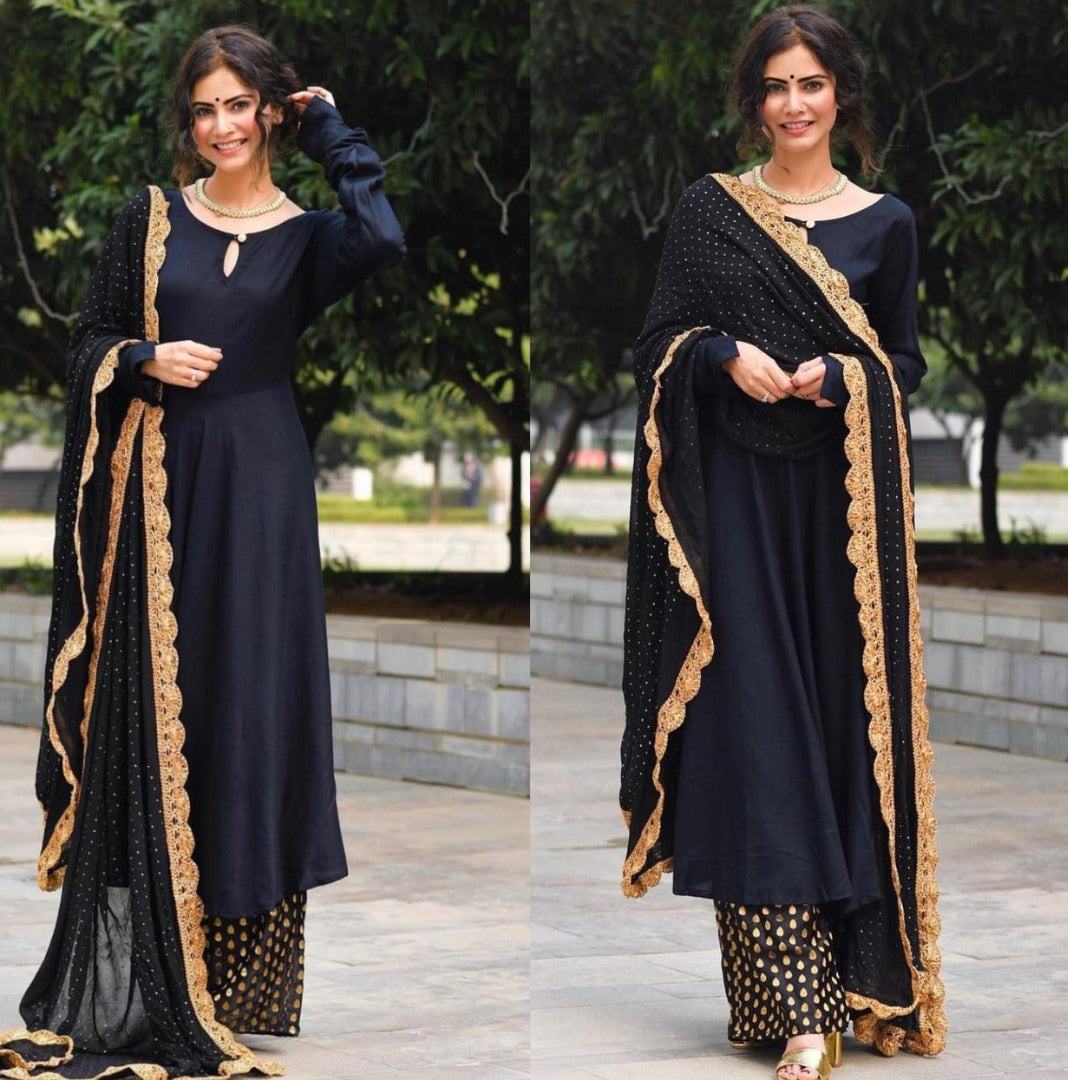 Black heavy rayon golden zari weaving work plazzo suit