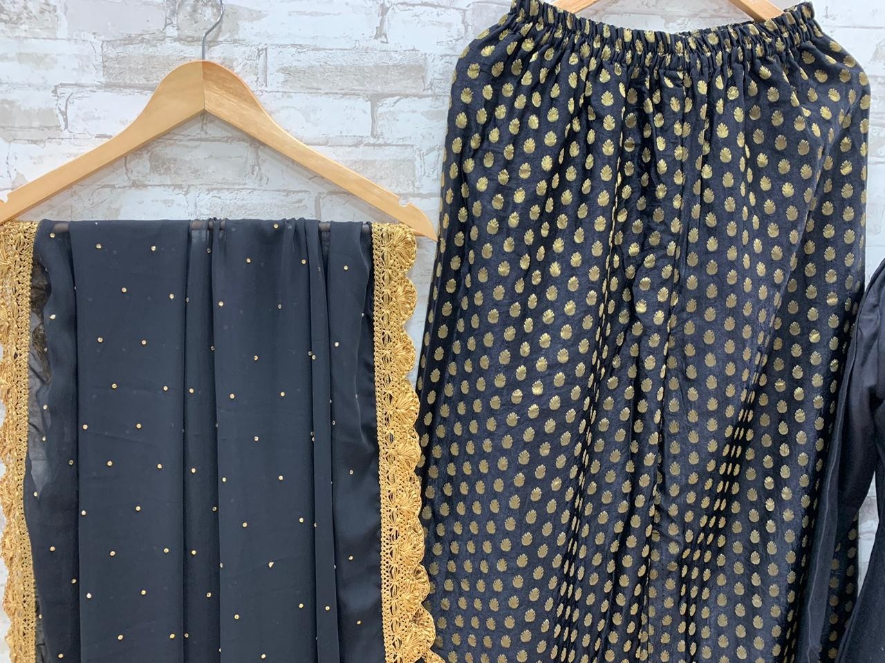 Black heavy rayon golden zari weaving work plazzo suit