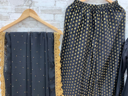 Black heavy rayon golden zari weaving work plazzo suit