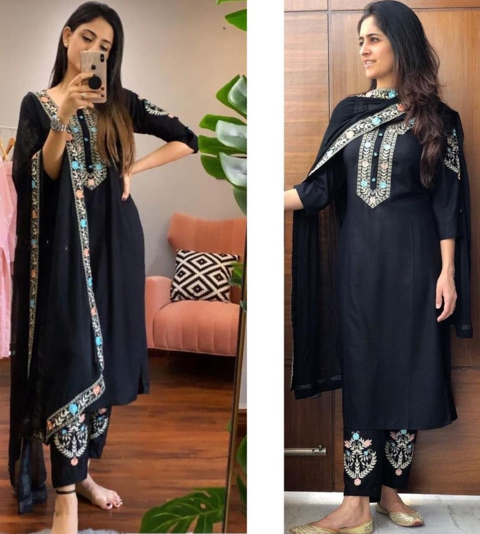 Black heavy rayon patch work party wear salwar suit with embroidered dupatta