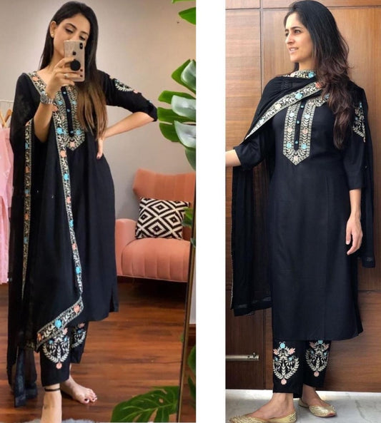 Black heavy rayon patch work party wear salwar suit with embroidered dupatta