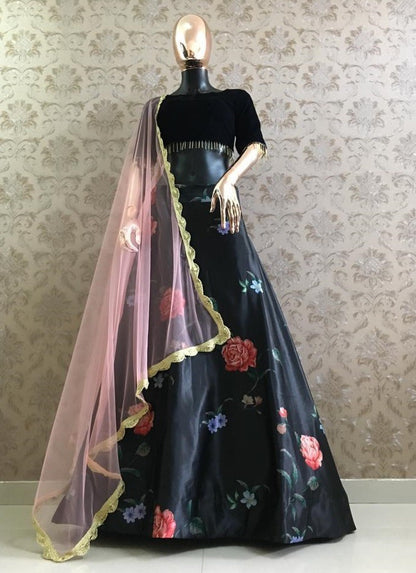 Black heavy satin digital floral printed partywear lehenga choli