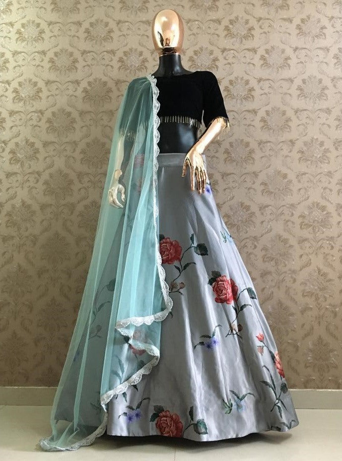 Black heavy satin digital floral printed partywear lehenga choli