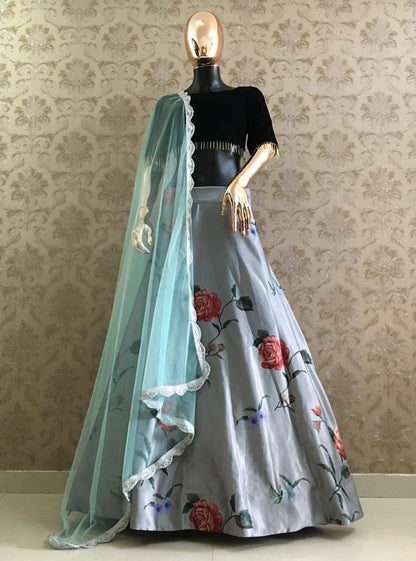 Black heavy satin digital floral printed partywear lehenga choli