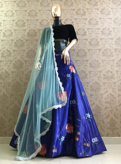 Black heavy satin digital floral printed partywear lehenga choli