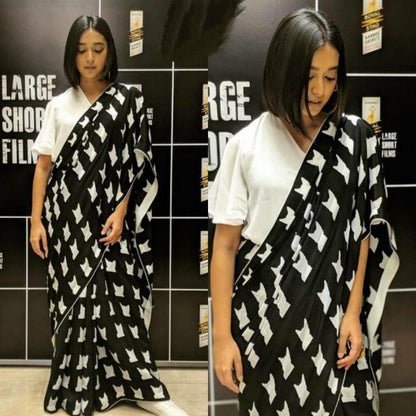 black heavy satin digital printed bollywood style saree