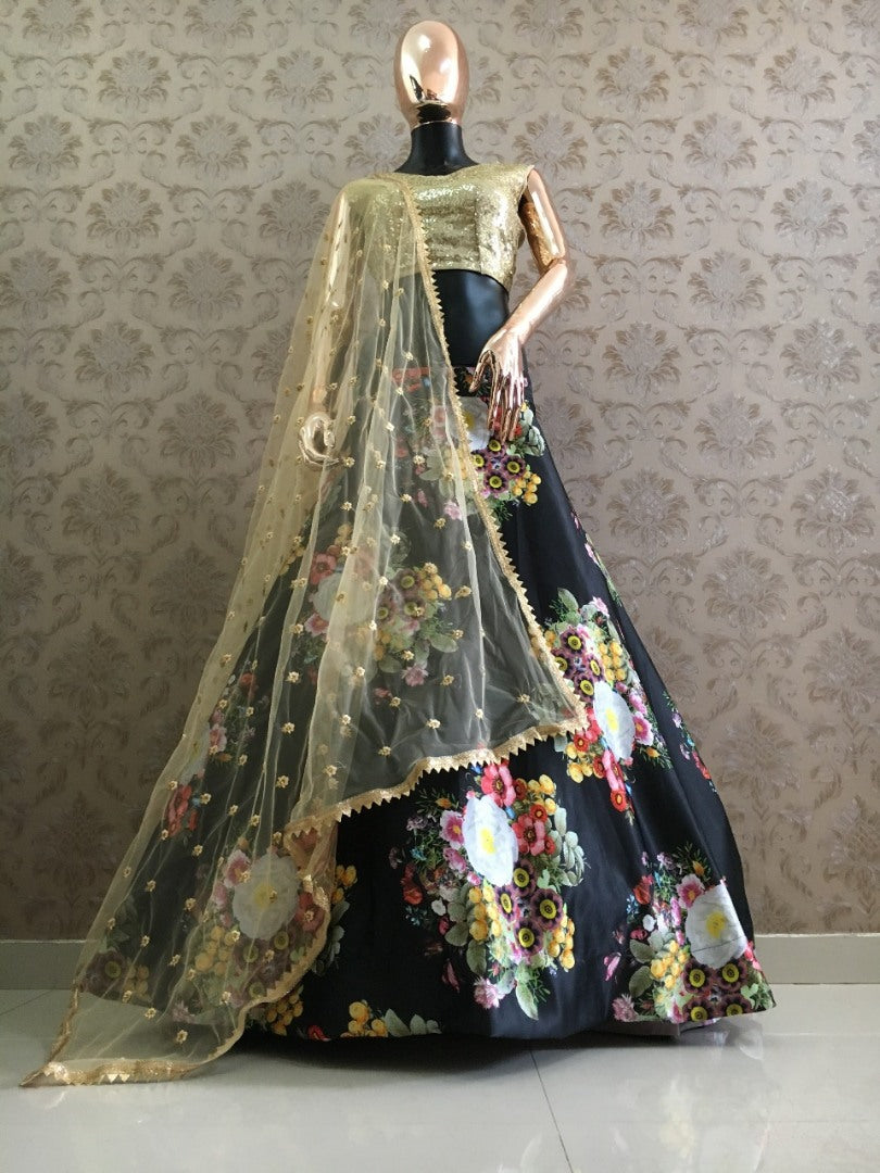 Black heavy satin floral printed beautiful lehenga choli for ceremony