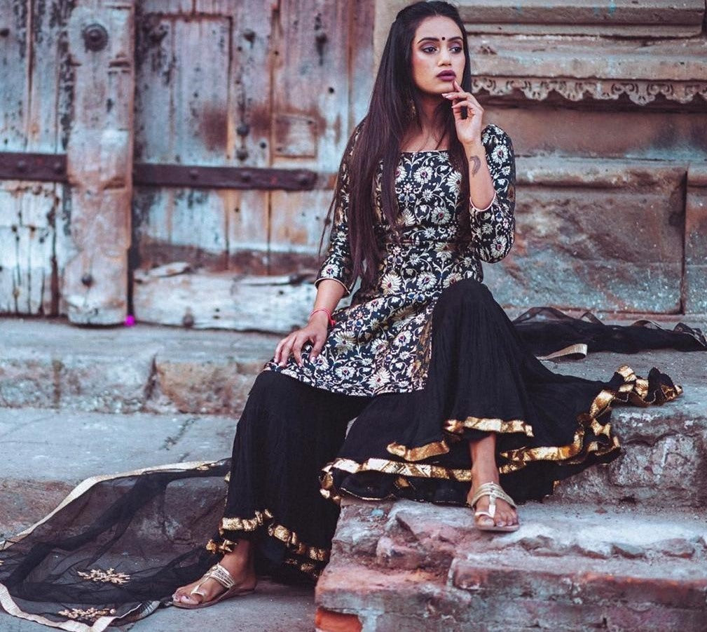 Black heavy satin silk digital printed work sharara suit