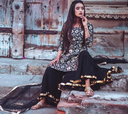 Black heavy satin silk digital printed work sharara suit