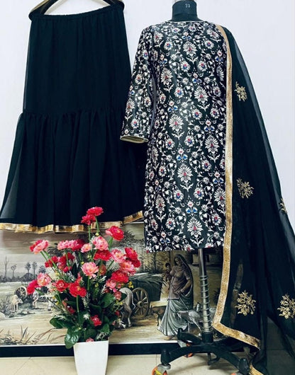 Black heavy satin silk digital printed work sharara suit