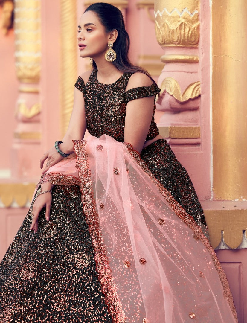 Black heavy sequence work bridal lehenga choli