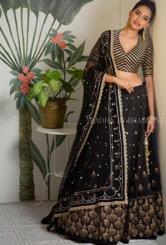 Black heavy tapeta silk designer embroidered ceremonial lehengha