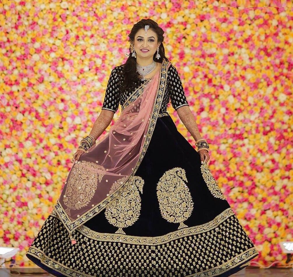 Black heavy velvet embroidered wedding lehenga choli