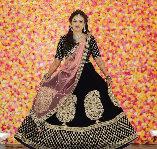 Black heavy velvet embroidered wedding lehenga choli