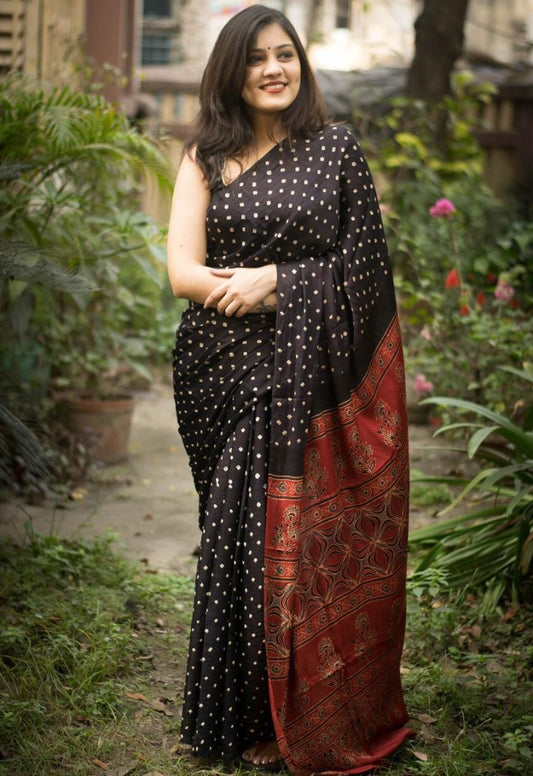 Black imported satin silk digital printed work saree