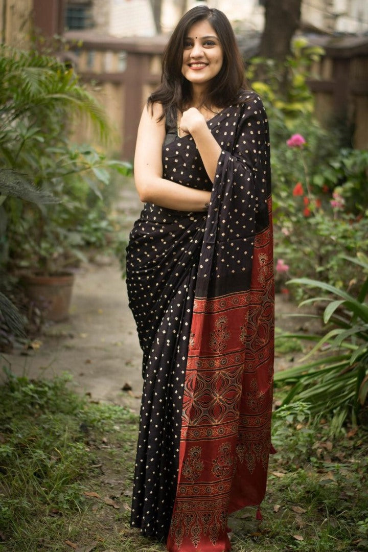 Black imported satin silk digital printed work saree