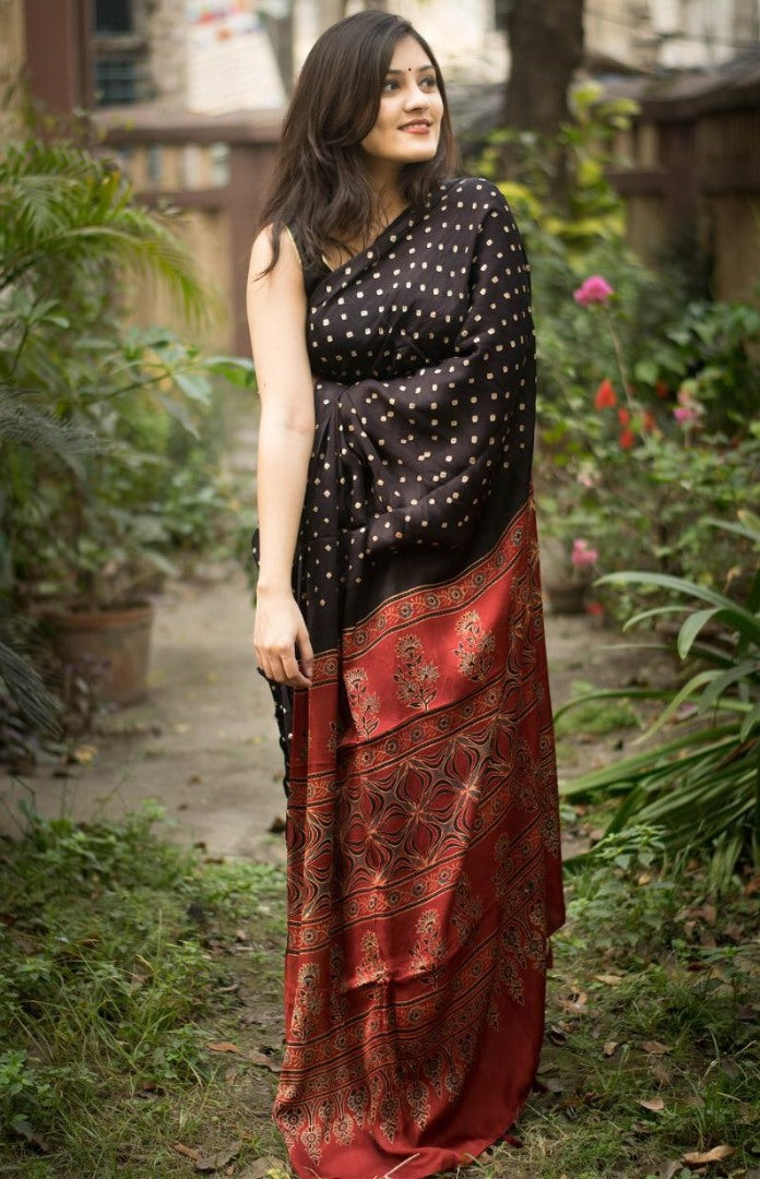 Black imported satin silk digital printed work saree