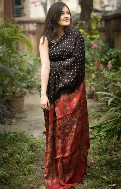 Black imported satin silk digital printed work saree