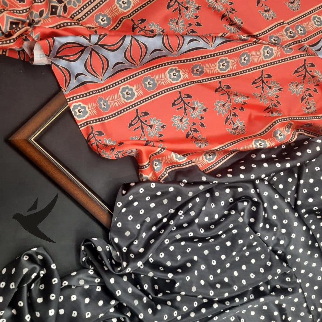 Black imported satin silk digital printed work saree