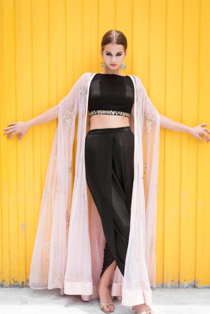 Black indowestern dhoti suit with baby pink embroidered shrug