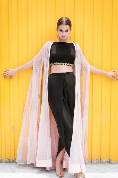Black indowestern dhoti suit with baby pink embroidered shrug