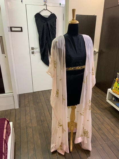 Black indowestern dhoti suit with baby pink embroidered shrug