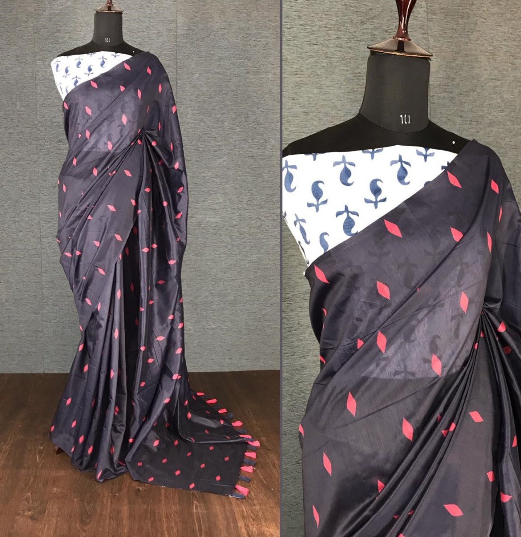 Black italian finished cotton silk digital printed work saree