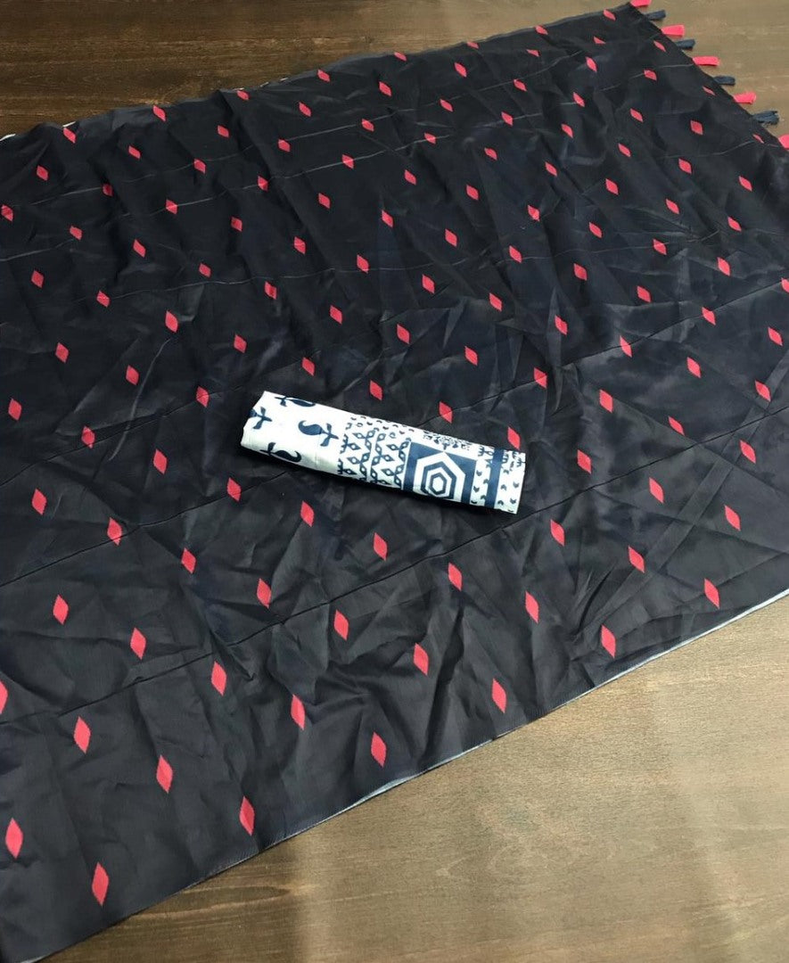 Black italian finished cotton silk digital printed work saree