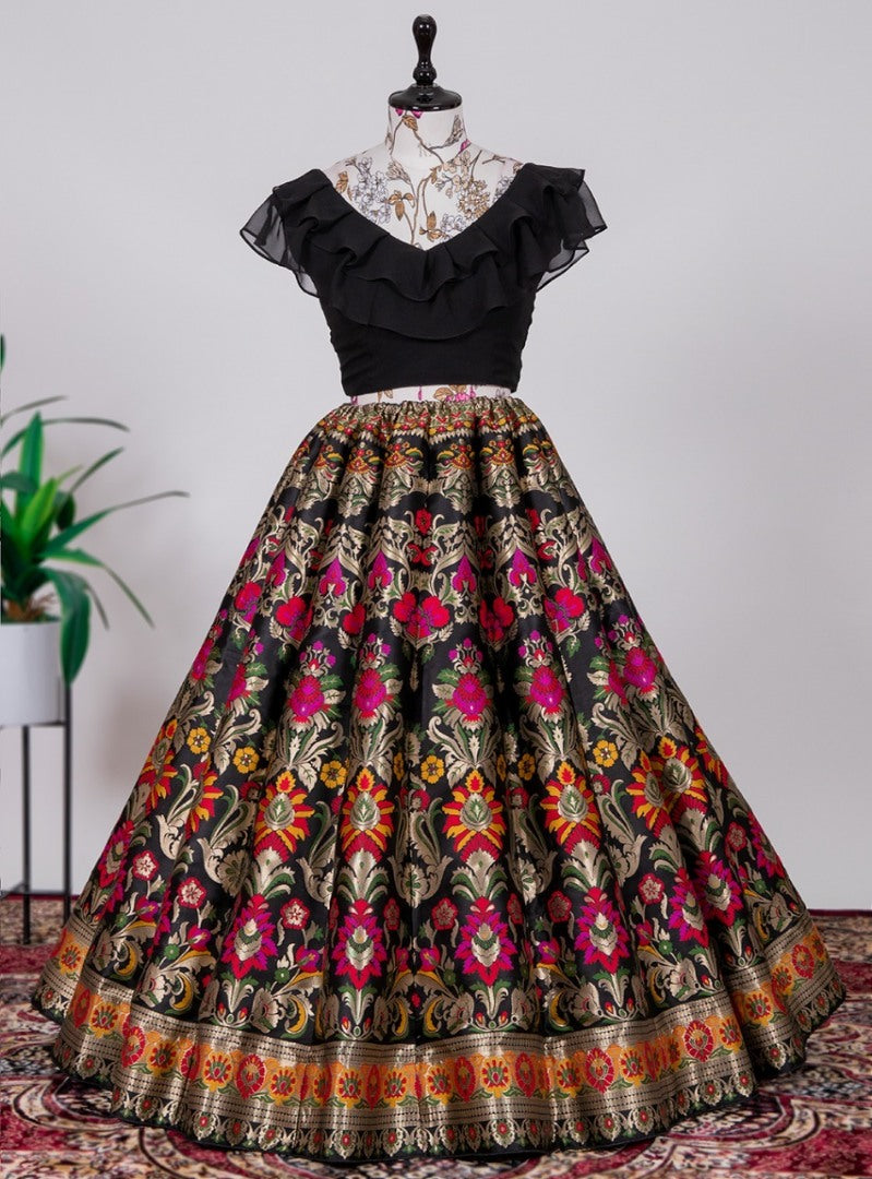 Black jacquard silk heavy floral weaving work crop top lehenga