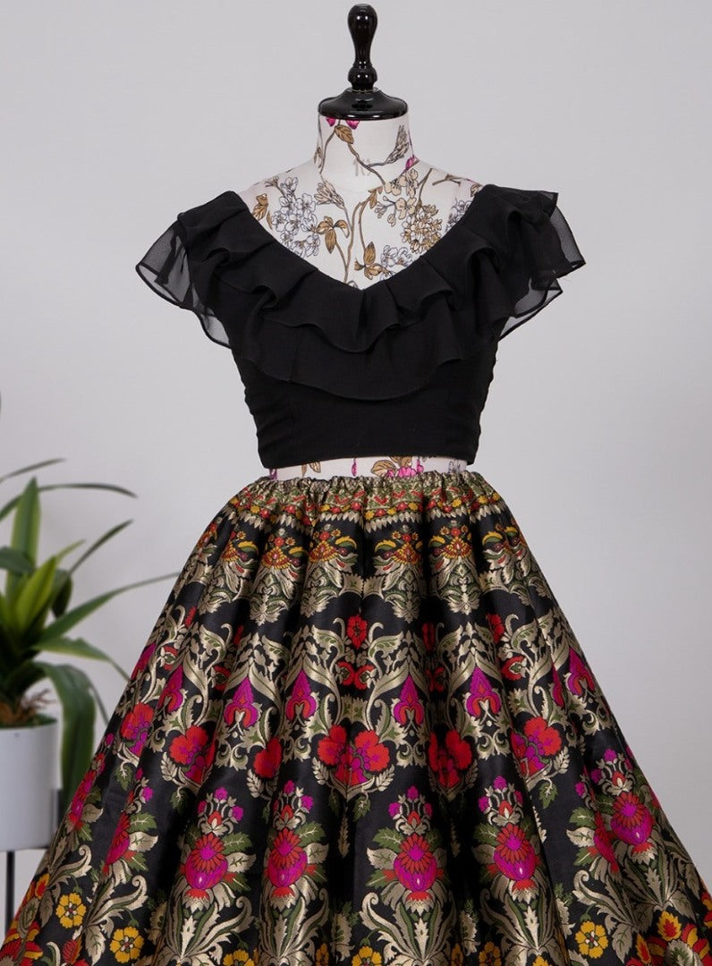Black jacquard silk heavy floral weaving work crop top lehenga