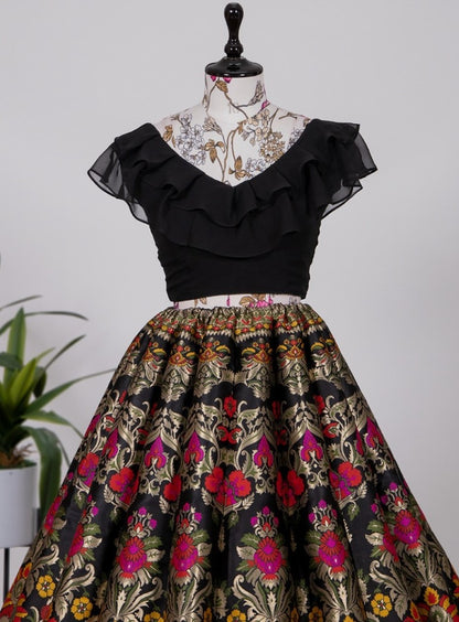 Black jacquard silk heavy floral weaving work crop top lehenga